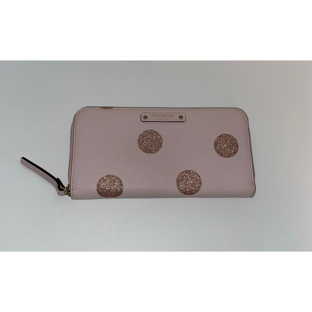 Kate Spade New York Pink Glitter Polka Dot Zip Around Wallet Wristlet Large